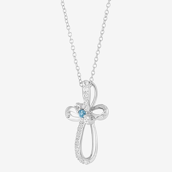 Limited Quantities! Womens Genuine Blue Aquamarine Sterling Silver Cross 18 Inch Pendant Necklace