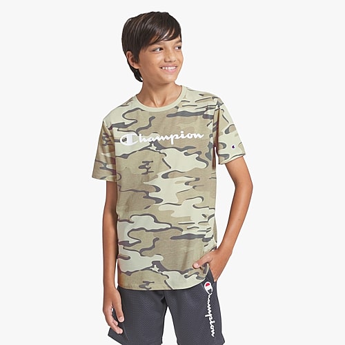 Champion Big Kid Boys Round Neck Short Sleeve Regular Fit Graphic T-Shirt, Medium (10-12), Beige
