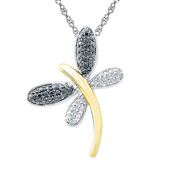 Dragonfly Womens Diamond Accent Natural Black Diamond 10K Gold Over Silver 18 Inch Pendant Necklace