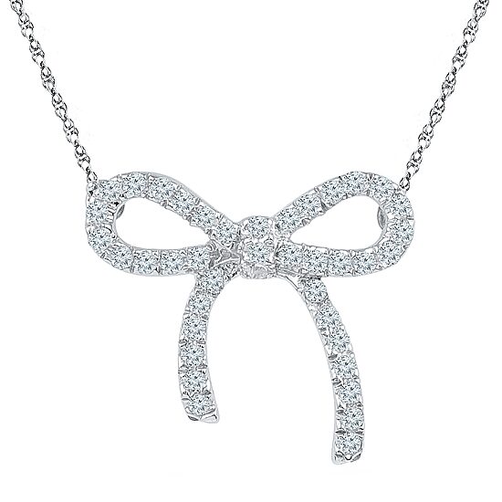 Womens 1/4 CT. T.W. Natural White Diamond Sterling Silver Bow 18 Inch Pendant Necklace