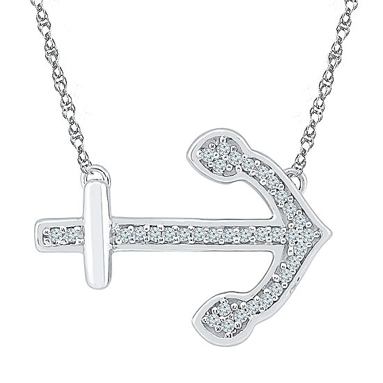 Womens 1/10 CT. T.W. Natural White Diamond Sterling Silver Anchor 18 Inch Pendant Necklace