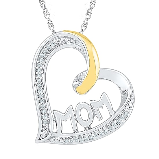 "Mom" Womens 1/10 CT. T.W. Natural White Diamond 10K Gold Over Silver Heart 18 Inch Pendant Necklace