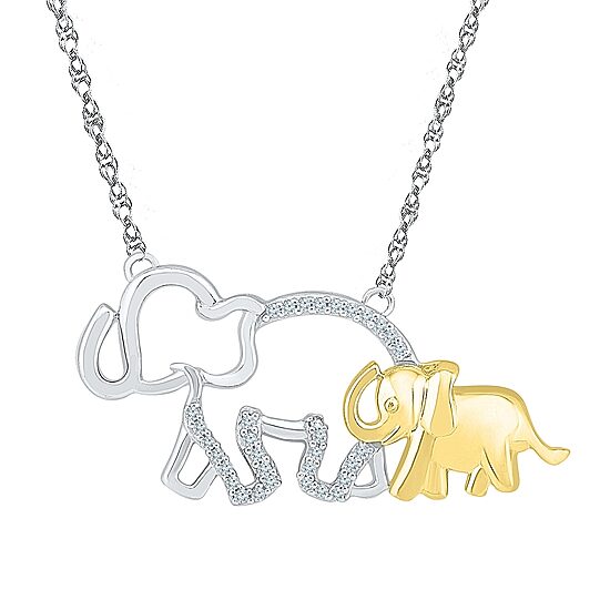"Mother And Daughter" Elephant Womens 1/10 CT. T.W. Natural White Diamond 10K Gold Over Silver 18 Inch Pendant Necklace