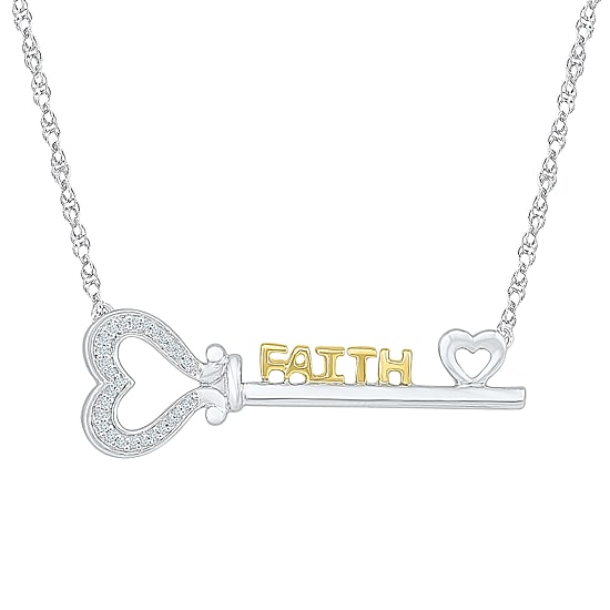 "Faith" Womens Diamond Accent Natural Diamond 10K Gold Over Silver Heart Keys 18 Inch Pendant Necklace