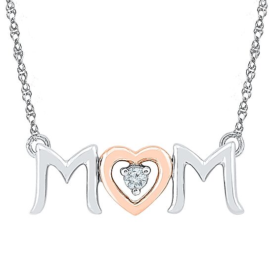 "Mom" Womens Diamond Accent Natural White Diamond 10K Gold Over Silver Heart 18 Inch Pendant Necklace
