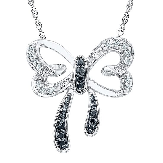 Womens 1/10 CT. T.W. Natural Black Diamond Sterling Silver Bow 18 Inch Pendant Necklace