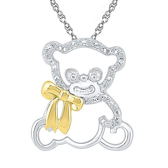 Teddy Bear Womens Diamond Accent Natural White Diamond 10K Gold Over Silver 18 Inch Pendant Necklace
