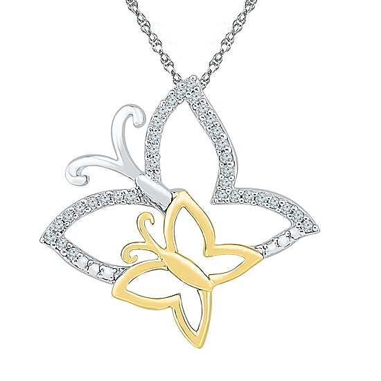 "Mother And Daughter" Womens 1/10 CT. T.W. Natural White Diamond 10K Gold Over Silver Butterfly 18 Inch Pendant Necklace
