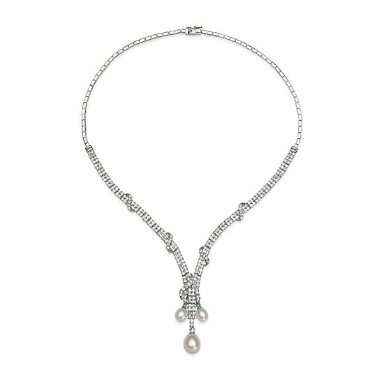 Silver Over Brass Cultured Freshwater Pearl and Cubic Zirconia Bridal Pendant Necklace