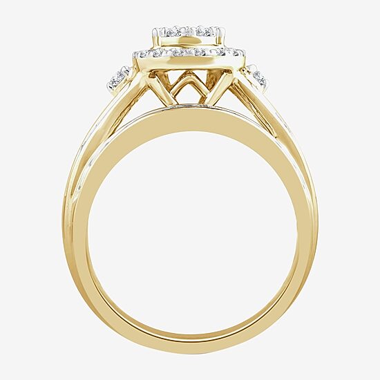 Womens 1 CT. T.W. Natural White Diamond 10K Gold Pear Side Stone Halo Engagement Ring
