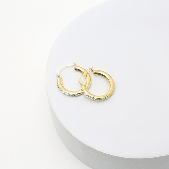 Womens White Crystal 10K Gold 18mm Round Hoop Earrings