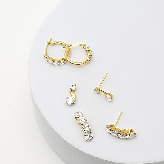 Womens 3 Pair Cubic Zirconia 14K Gold Earring Set