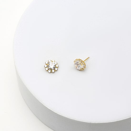 Cluster Flower Cubic Zirconia Stud Earrings 14K Gold