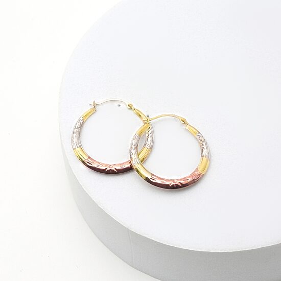 14K Tri-Tone Gold Diamond-Cut Round Hoop Earrings