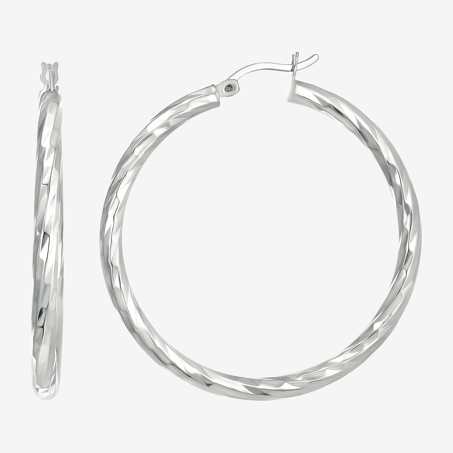 Womens Sterling Silver 40mm Round Hoop Earrings