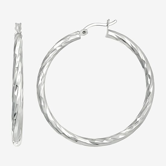Womens Sterling Silver 40mm Round Hoop Earrings