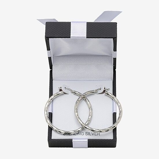 Womens Sterling Silver 40mm Round Hoop Earrings