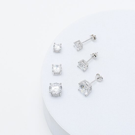 Womens Cubic Zirconia Sterling Silver Round 3 Pair Earring Set