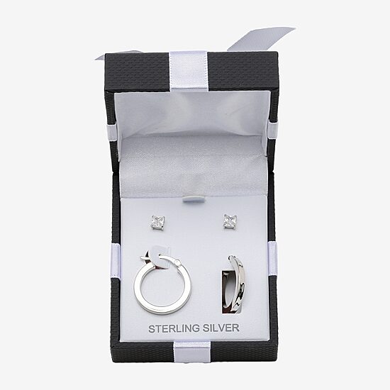 Womens Cubic Zirconia Sterling Silver Round 2 Pair Earring Set