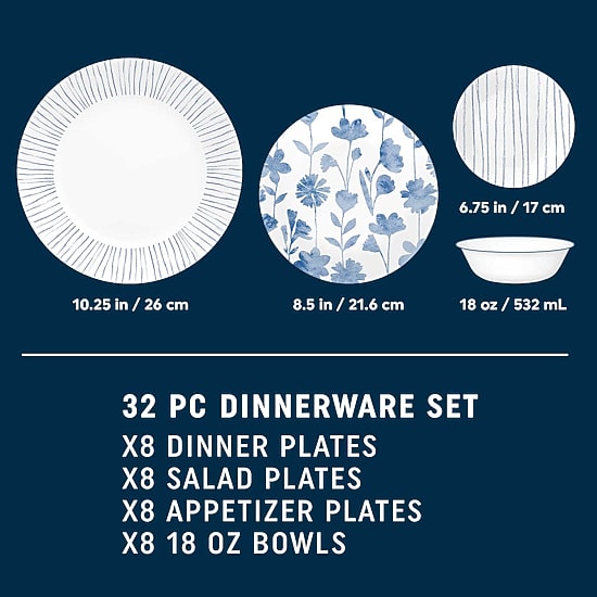 Corelle Botanical Stripes 32-pc. Glass Dinnerware Set