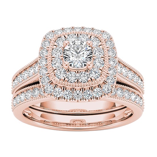 Womens 3/4 CT. T.W. Natural White Diamond 14K Gold Cushion Halo Bridal Set
