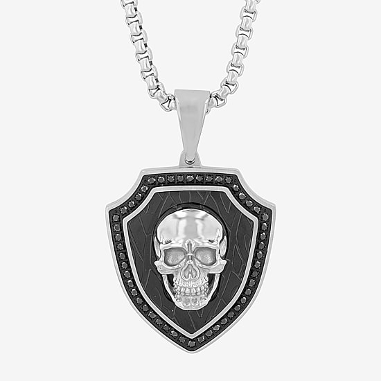 Mens 1/2 CT. T.W. Black Diamond Stainless Steel Skull 24 Inch Pendant Necklace