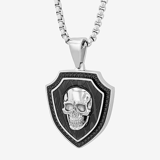 Mens 1/2 CT. T.W. Black Diamond Stainless Steel Skull 24 Inch Pendant Necklace