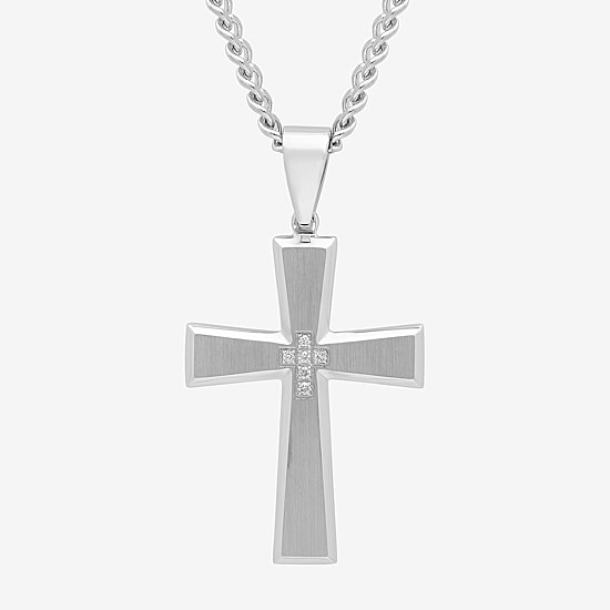 Mens Diamond-Accent Stainless Steel Cross Pendant Necklace