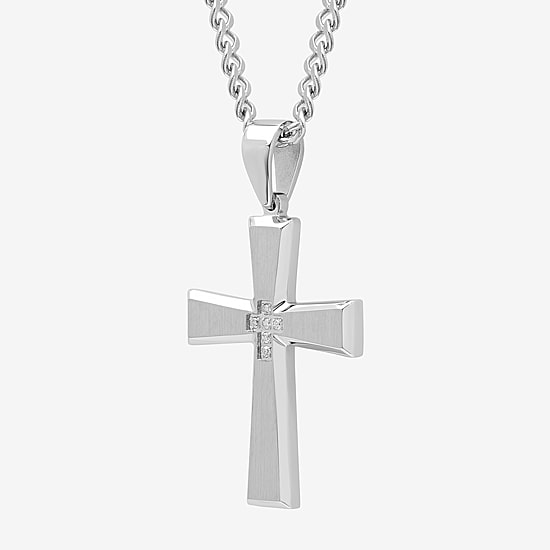 Mens Diamond-Accent Stainless Steel Cross Pendant Necklace