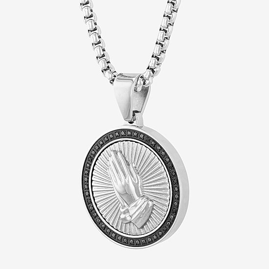 Mens 1/4 CT. T.W. Natural Diamond Stainless Steel Circle Prayer Hands Pendant Necklace