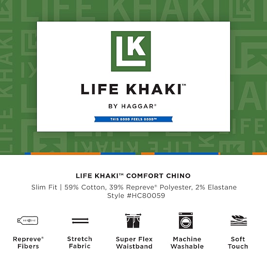Haggar Life Khaki Chino Mens Comfort Waistband Slim Fit Flat Front Pant