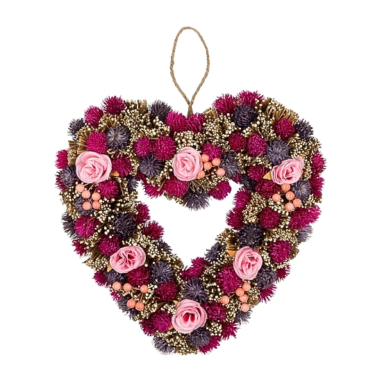 Northlight 13.5in Pink And Purple Floral Berry And Twig Heart-Shaped Artificial Spring Wreath