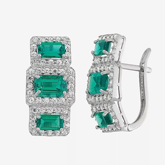 Womens Simulated Green Emerald Sterling Silver Drop Earrings
