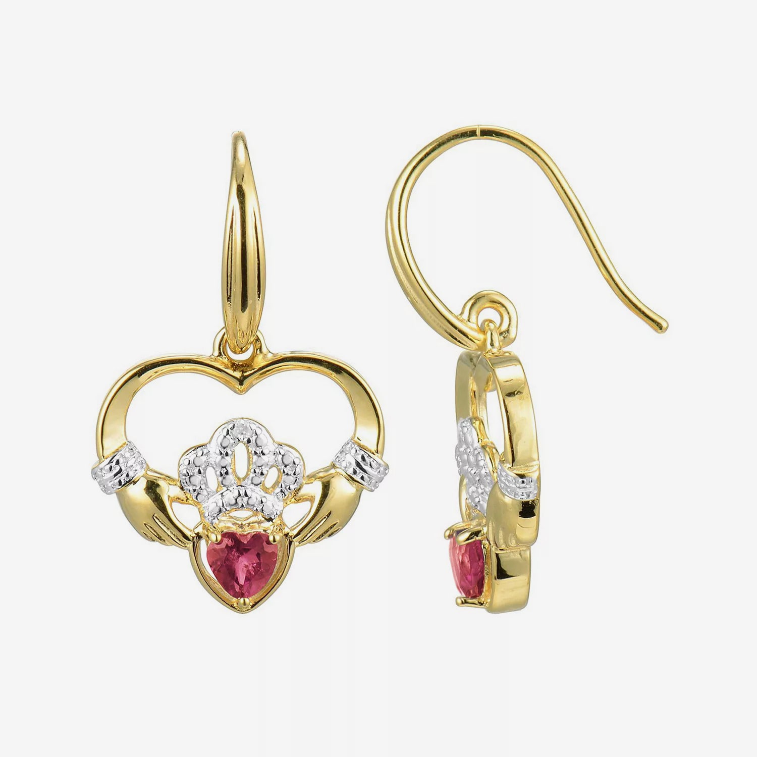 Heart-Shaped Lab-Created Ruby and Diamond-Accent Claddagh Earrings