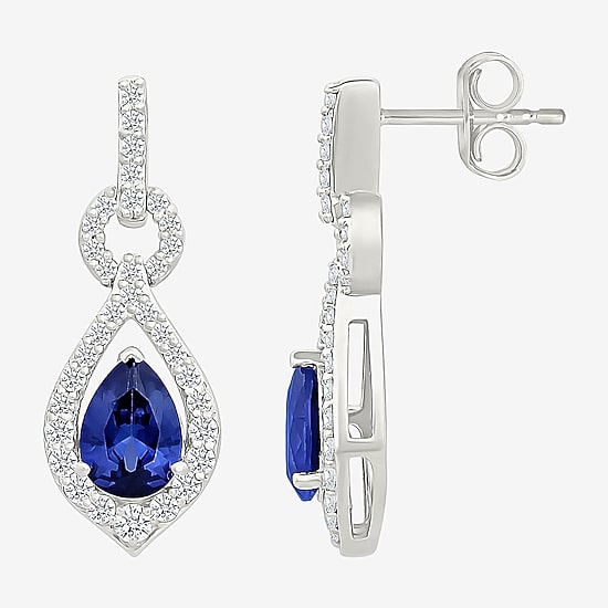 Womens Lab Created Blue Sapphire Sterling Silver Pear Drop Earrings