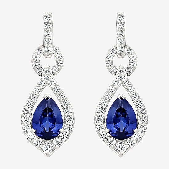 Womens Lab Created Blue Sapphire Sterling Silver Pear Drop Earrings