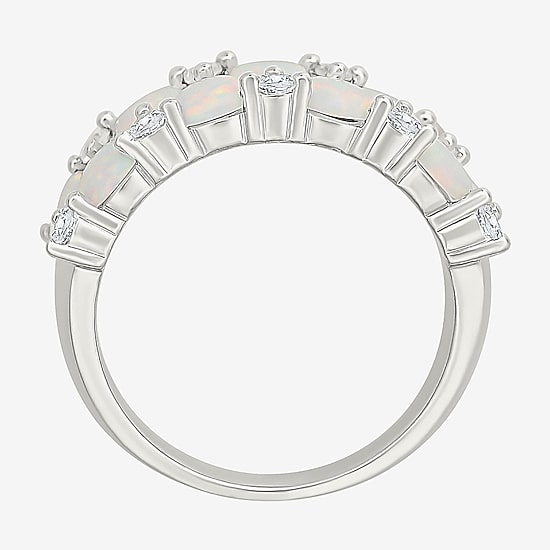 Womens 9M Lab Created White Opal Sterling Silver Band