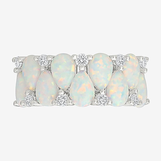 Womens 9M Lab Created White Opal Sterling Silver Band
