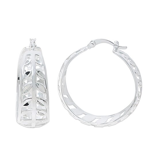 Sterling Silver Diamond-Cut Leaf Hoop Earrings
