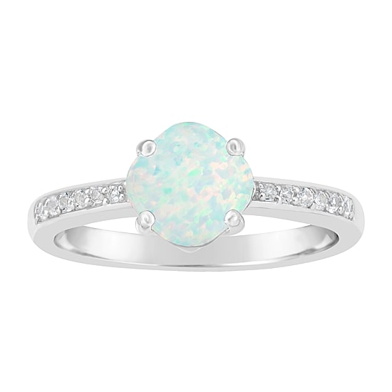 Womens Lab Created White Opal Sterling Silver Cushion Halo Side Stone Cocktail Ring