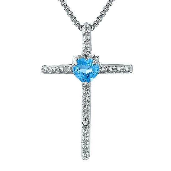 Genuine Blue Topaz and Diamond-Accent Sterling Silver Cross and Heart Pendant Necklace