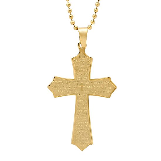 Steeltime Lord'S Prayer Mens 18K Gold Stainless Steel Cross 24 Inch Pendant Necklace