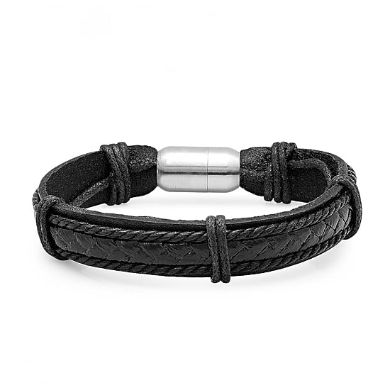 Steeltime Black Braided Leather Mens Stainless Steel Solid Hypoallergenic 8 1/2 Inch Link Bracelet