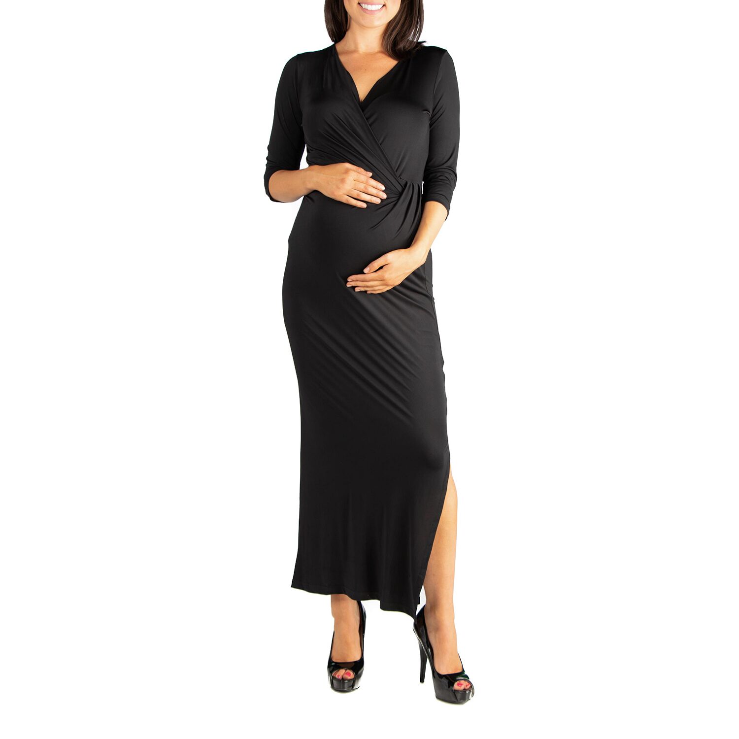 24seven Comfort Apparel Womens Maternity V Neck 3/4 Sleeve Maxi Dress