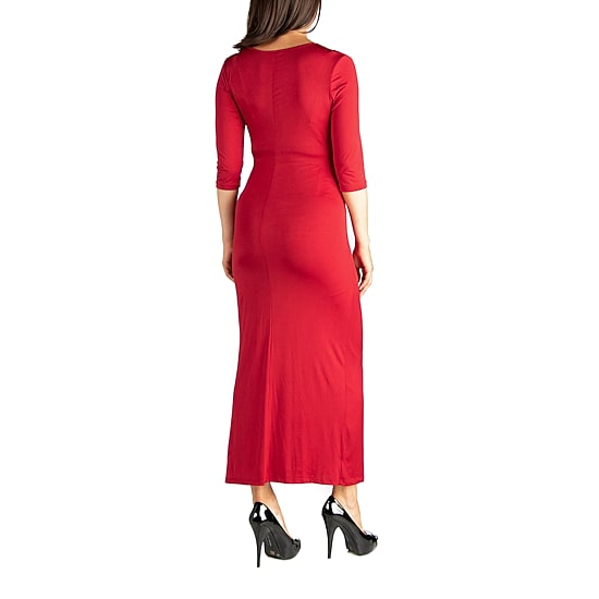 24seven Comfort Apparel Womens Maternity V Neck 3/4 Sleeve Fitted Maxi Dress