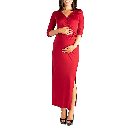 24seven Comfort Apparel Womens Maternity V Neck 3/4 Sleeve Fitted Maxi Dress