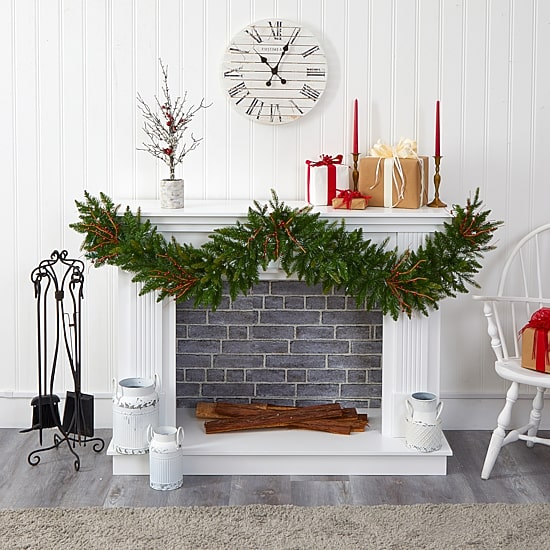 Nearly Natural 6ft. Pre-Lit Indoor Christmas Pine Artificial Garland With 50 Warm White Led Lights And Berries