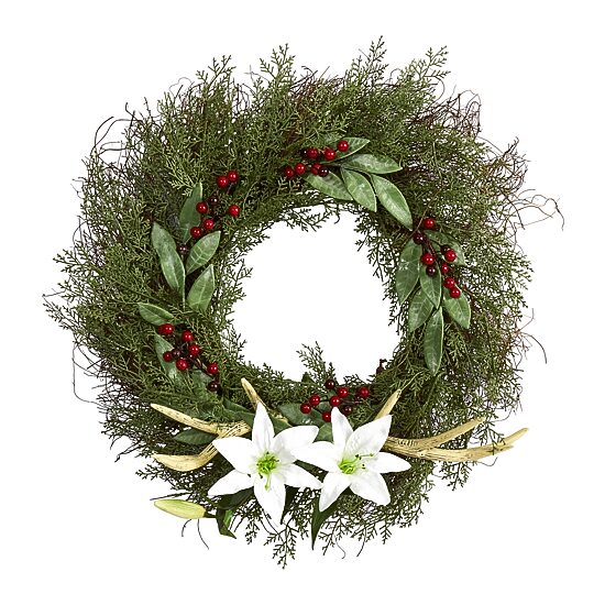 Nearly Natural 20in. Cedar; Antlers; Lily And Ruscus With Berries Artificial Wreath Wreath