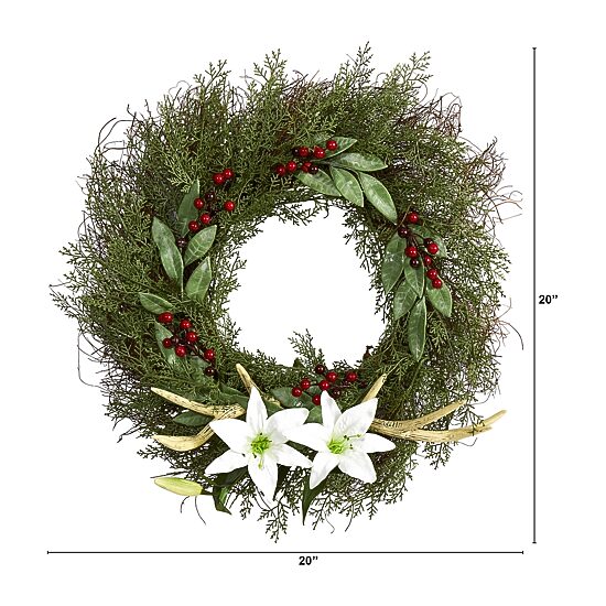 Nearly Natural 20in. Cedar; Antlers; Lily And Ruscus With Berries Artificial Wreath Wreath