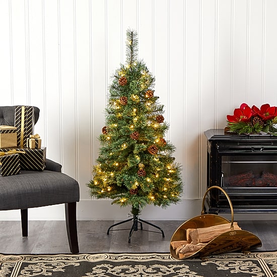 Nearly Natural 4 Foot White Mountain Pine With Pine Cones And 100 Clear Led Lights Pre-Lit Artificial Christmas Tree
